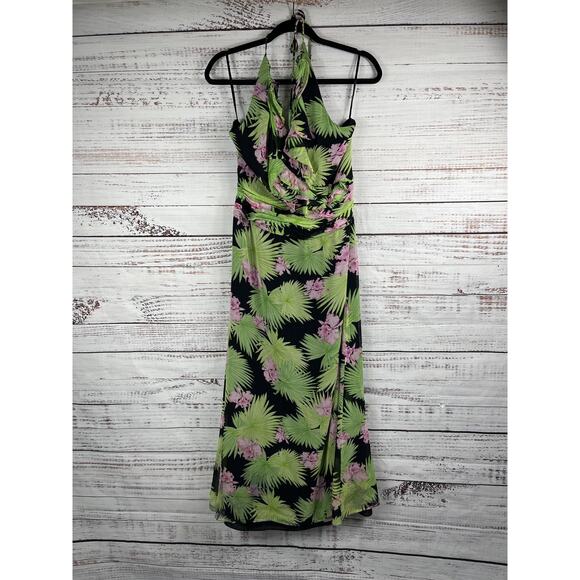 Kay Unger Dress Womens 4 Black Green Pink Floral Silk Halter Maxi Elegant Formal